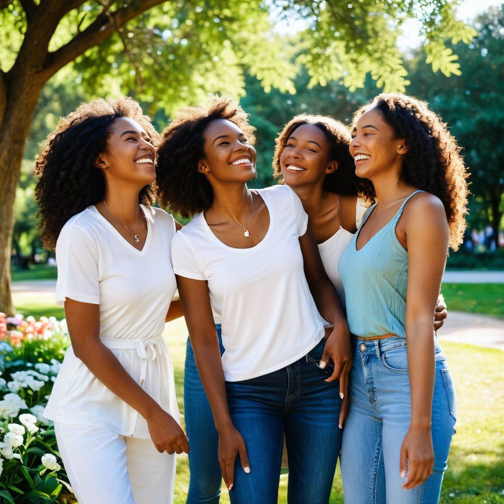 A diverse group of empowered single women, each with radiant smiles, sharing joyful moments in a sunlit park, surrounded by blooming flowers and vibrant greenery. They symbolize strength, happiness, and friendship, exuding a sense of freedom and self-love. The scene captures a variety of activities such as laughter, storytelling and embracing each other. super-realistic. vibrant colors. warm atmosphere.