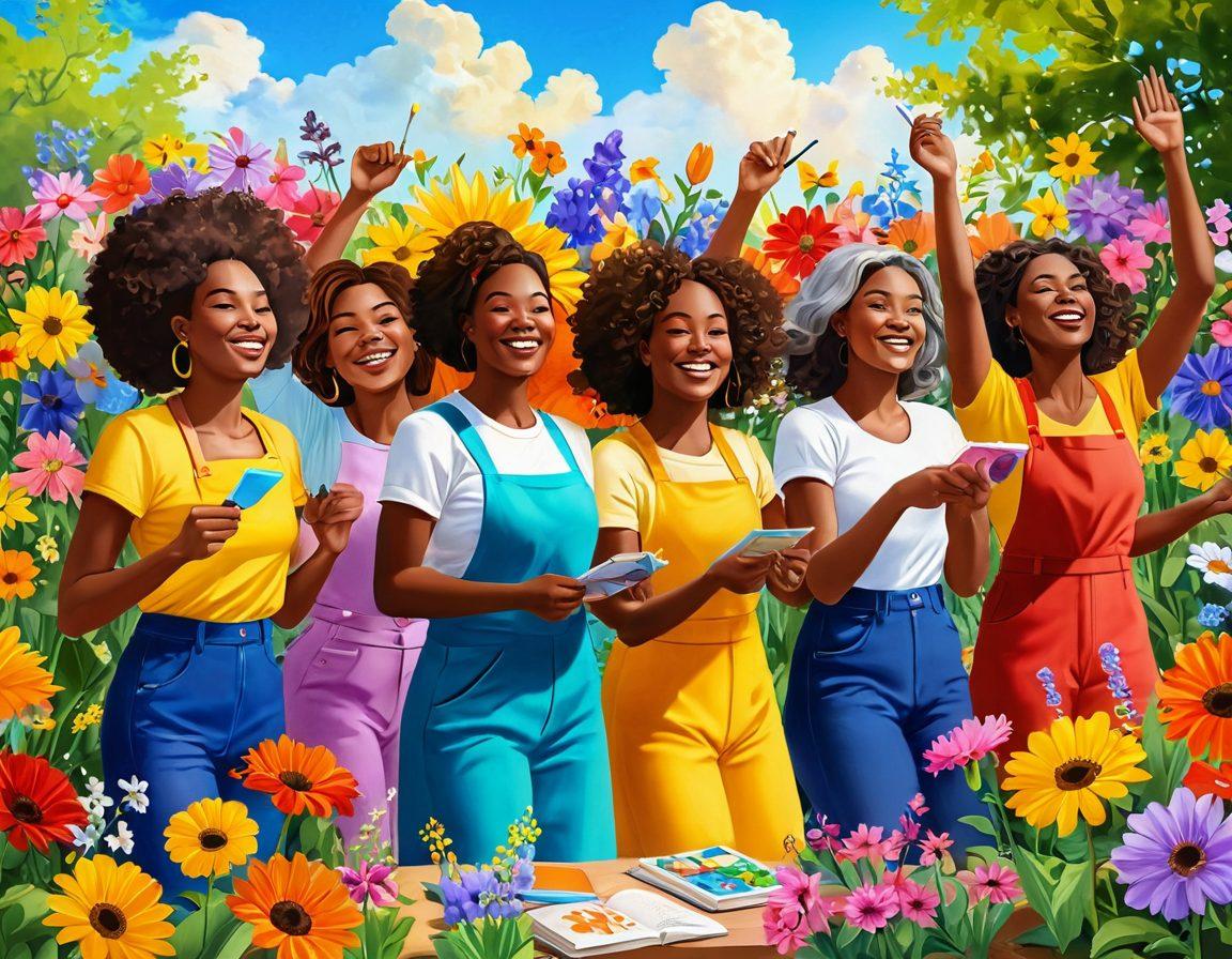 A vibrant scene of diverse independent women, each engaged in joyful activities like painting, gardening, and dancing, surrounded by colorful flowers and sunshine. Incorporate elements of creativity and empowerment, such as art supplies and books, with a background that conveys warmth and inspiration. Highlight their expressions of happiness and connection. bright colors. 3D illustration.