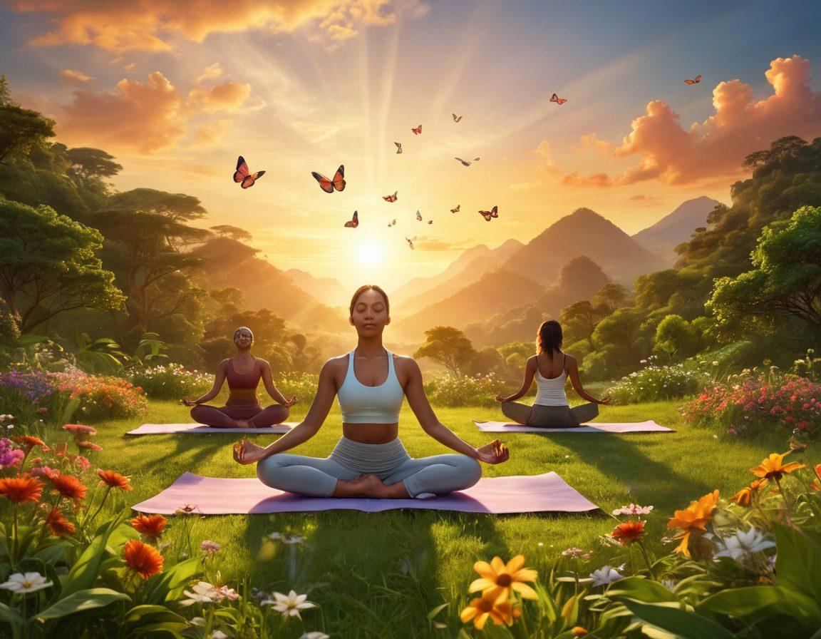 A radiant sunrise over a lush green landscape, with diverse women of various ethnicities joyfully engaging in wellness activities like yoga and meditation. Include symbols of empowerment like butterflies and blooming flowers, reflecting personal growth and positivity. The scene should convey harmony and inspiration, inviting viewers to embrace their own journeys. vibrant colors. super-realistic.